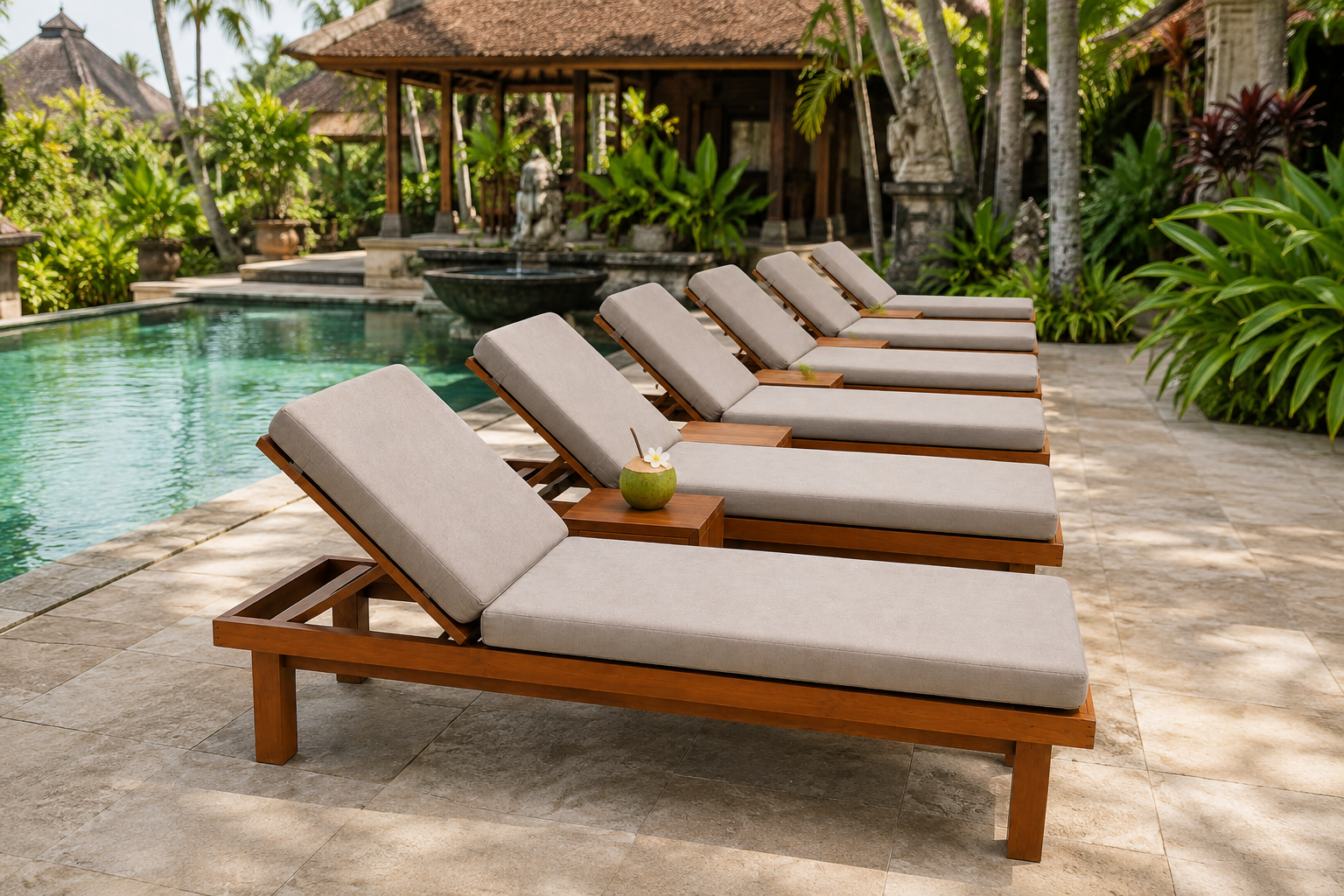 Cream resort pool loungers with wood frames in a tropical garden