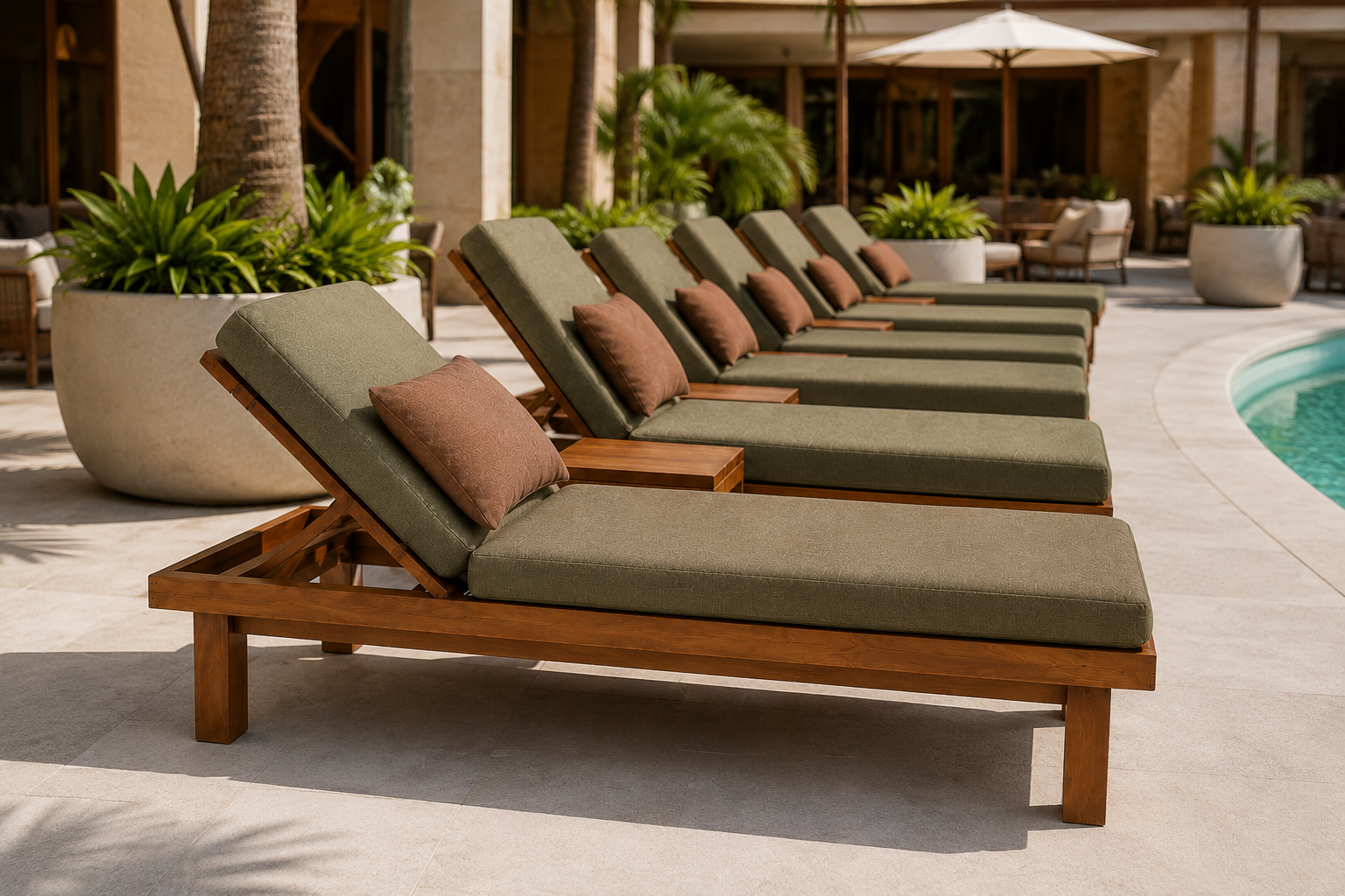 Olive pool sun loungers with brown pillows at a resort