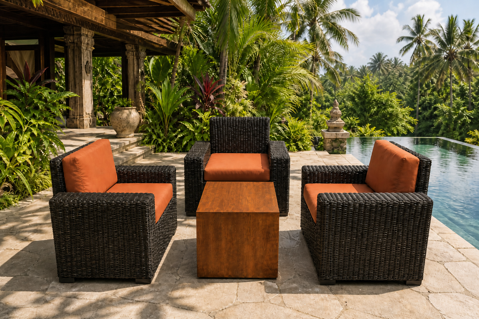 Poolside wicker lounge chairs with terracotta cushions in a tropical Bali villa