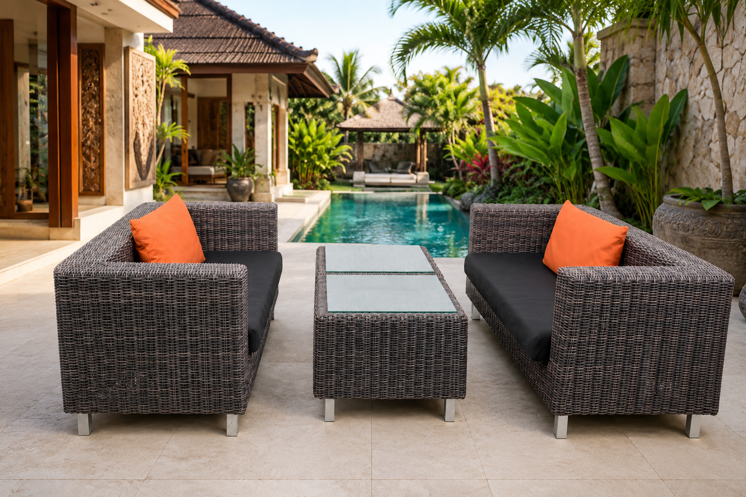 Outdoor wicker lounge set with black cushions and terracotta pillows by the pool